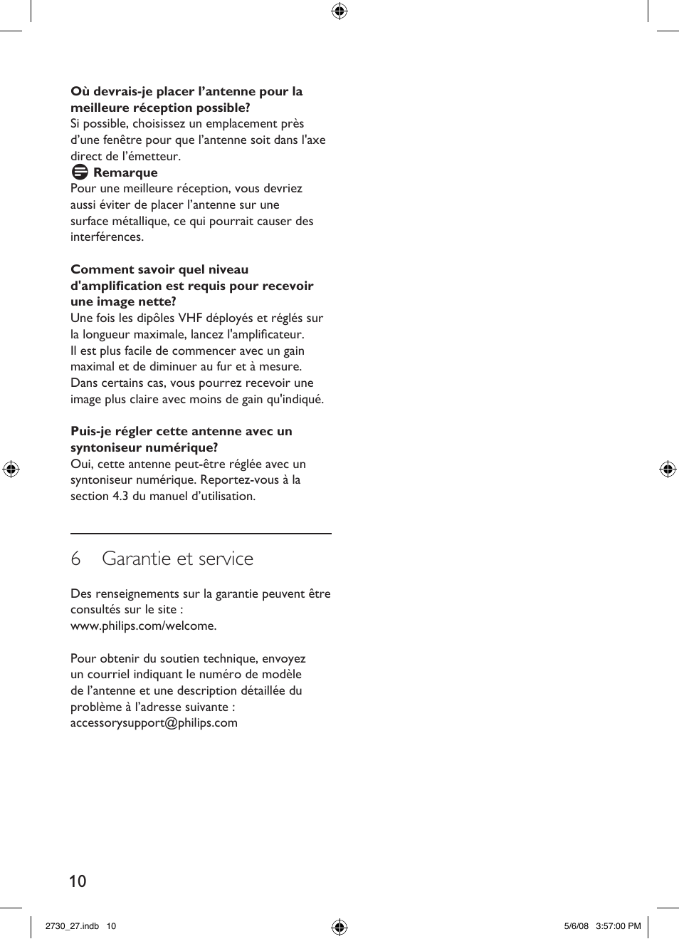 6 garantie et service | Philips SDV2730-27 User Manual | Page 10 / 16