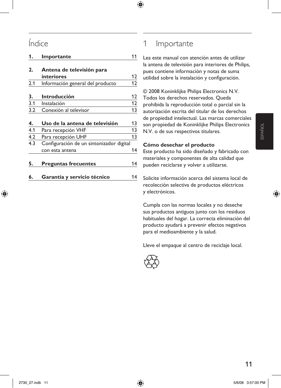 Índice, 1 importante | Philips SDV2730-27 User Manual | Page 11 / 16