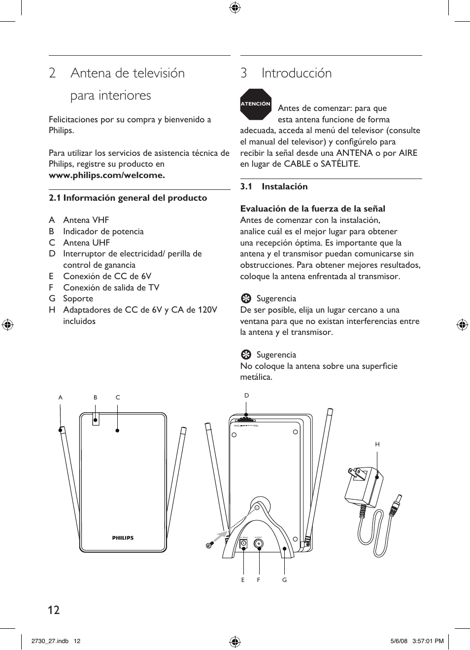 2 antena de televisión para interiores, 3 introducción | Philips SDV2730-27 User Manual | Page 12 / 16