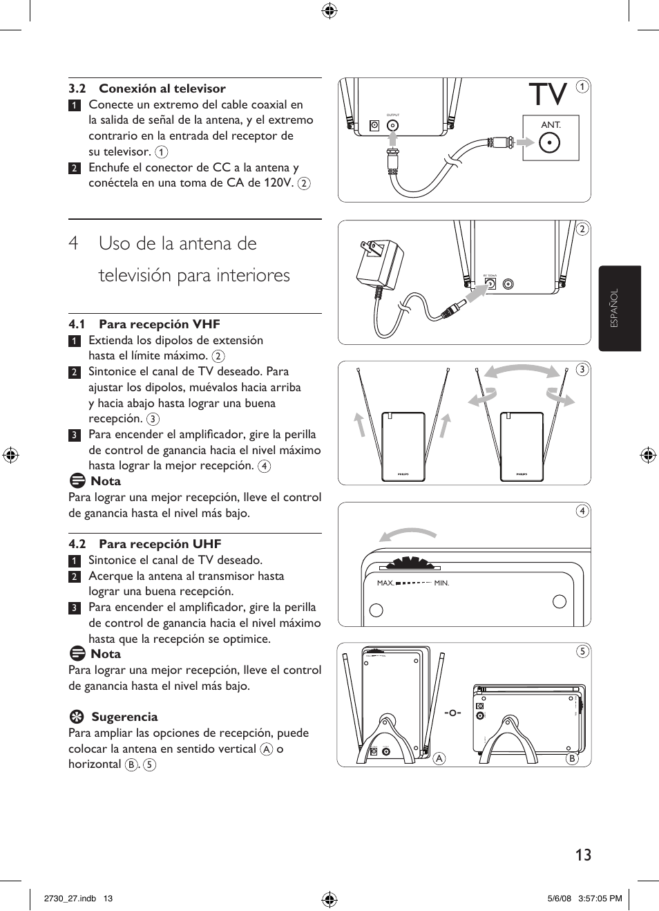 4 uso de la antena de televisión para interiores | Philips SDV2730-27 User Manual | Page 13 / 16