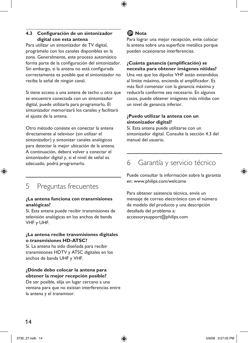 5 preguntas frecuentes, 6 garantía y servicio técnico | Philips SDV2730-27 User Manual | Page 14 / 16