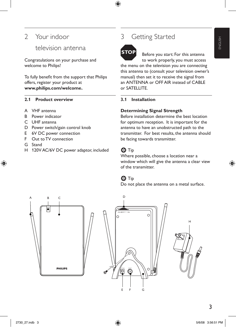 2 your indoor television antenna, 3 getting started, Stop | Philips SDV2730-27 User Manual | Page 3 / 16