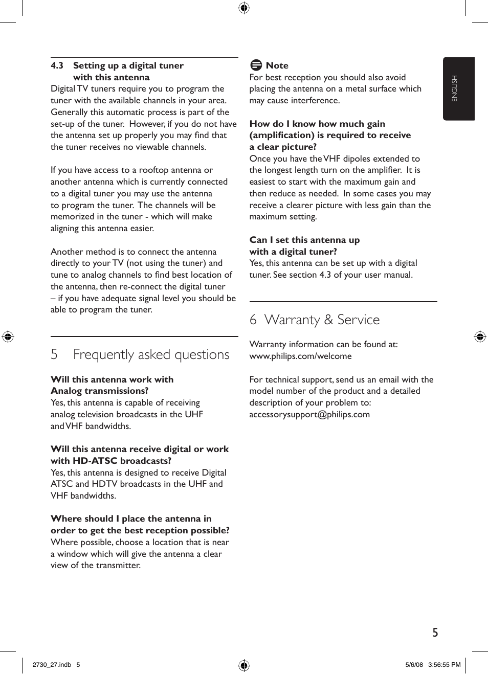 5 frequently asked questions, 6 warranty & service | Philips SDV2730-27 User Manual | Page 5 / 16