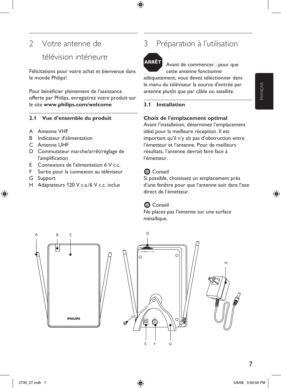 2 votre antenne de télévision intérieure, 3 préparation à l’utilisation | Philips SDV2730-27 User Manual | Page 7 / 16