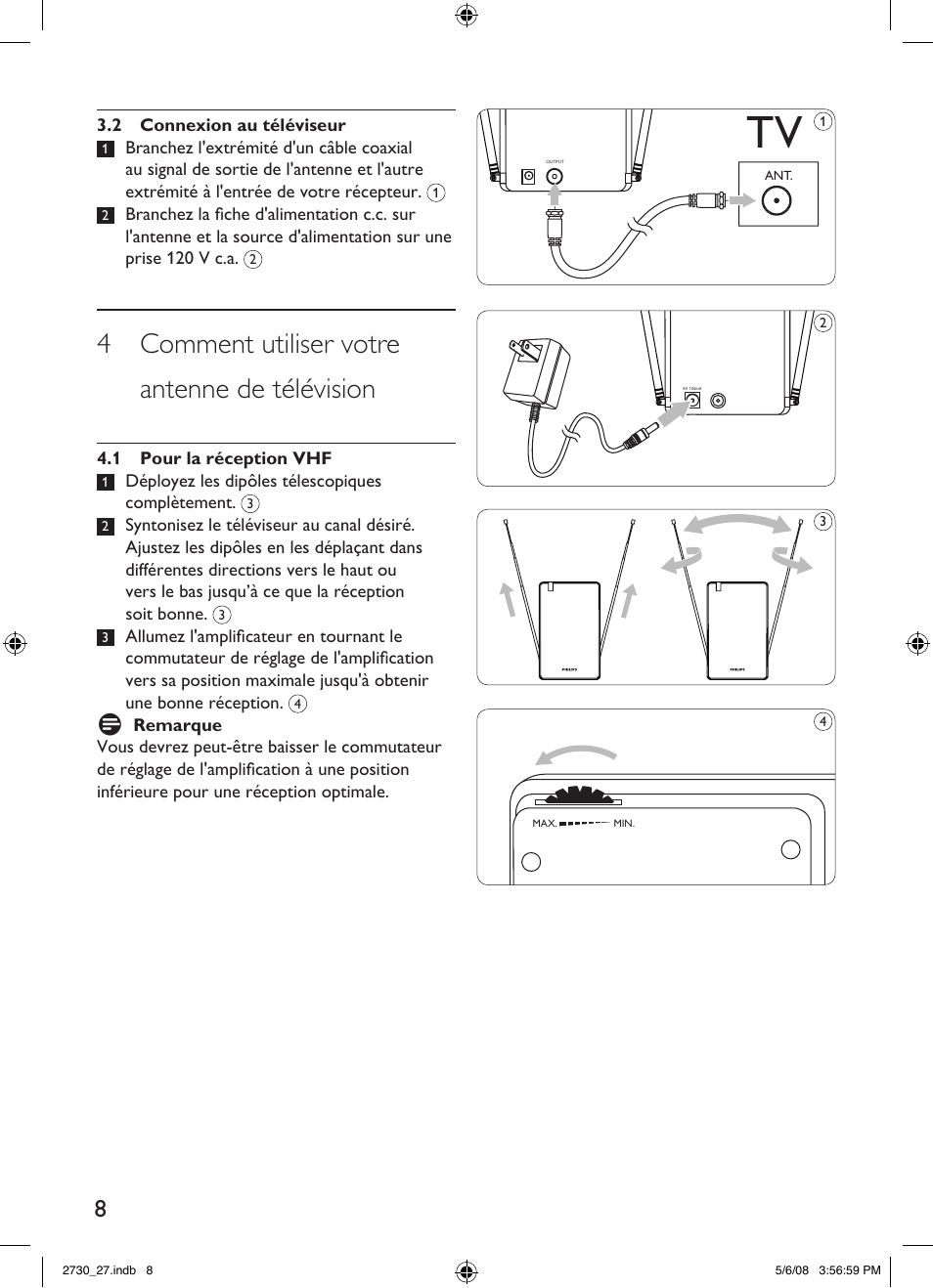 4 comment utiliser votre antenne de télévision | Philips SDV2730-27 User Manual | Page 8 / 16