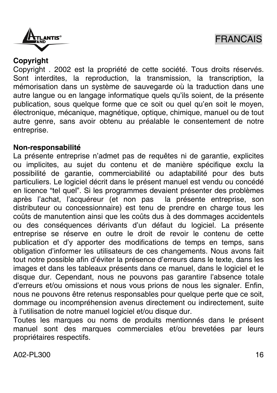 Francais | Atlantis Land A02-PL300 User Manual | Page 15 / 27