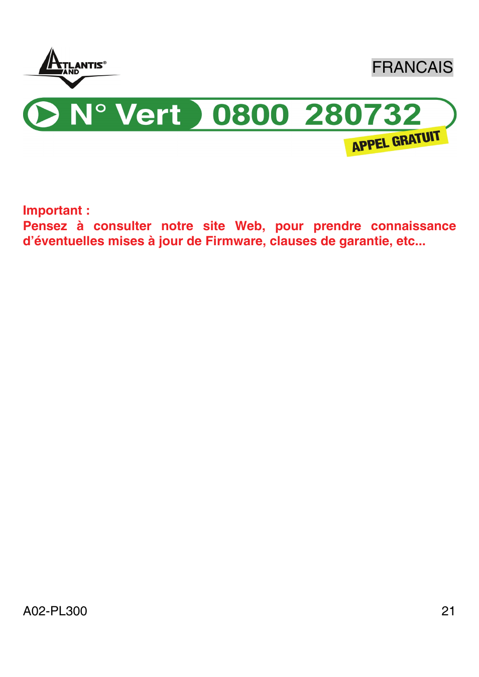 Francais | Atlantis Land A02-PL300 User Manual | Page 20 / 27