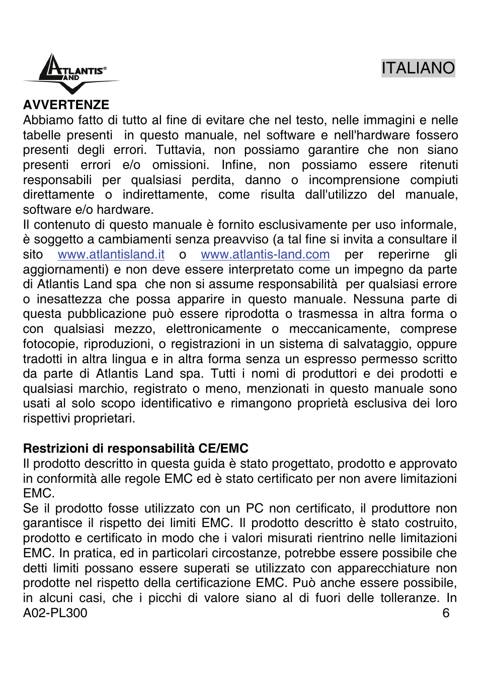 Italiano | Atlantis Land A02-PL300 User Manual | Page 5 / 27