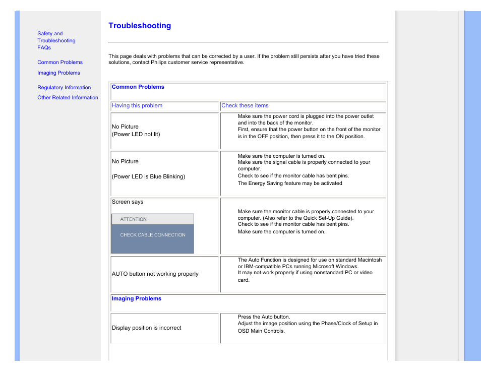 Troubleshooting | Philips 190SW9FB-27 User Manual | Page 12 / 110