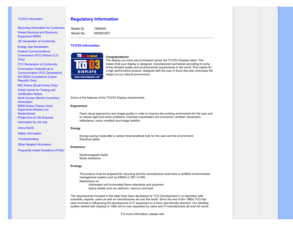 Regulatory information, More information is provided in the, Section | Philips 190SW9FB-27 User Manual | Page 15 / 110