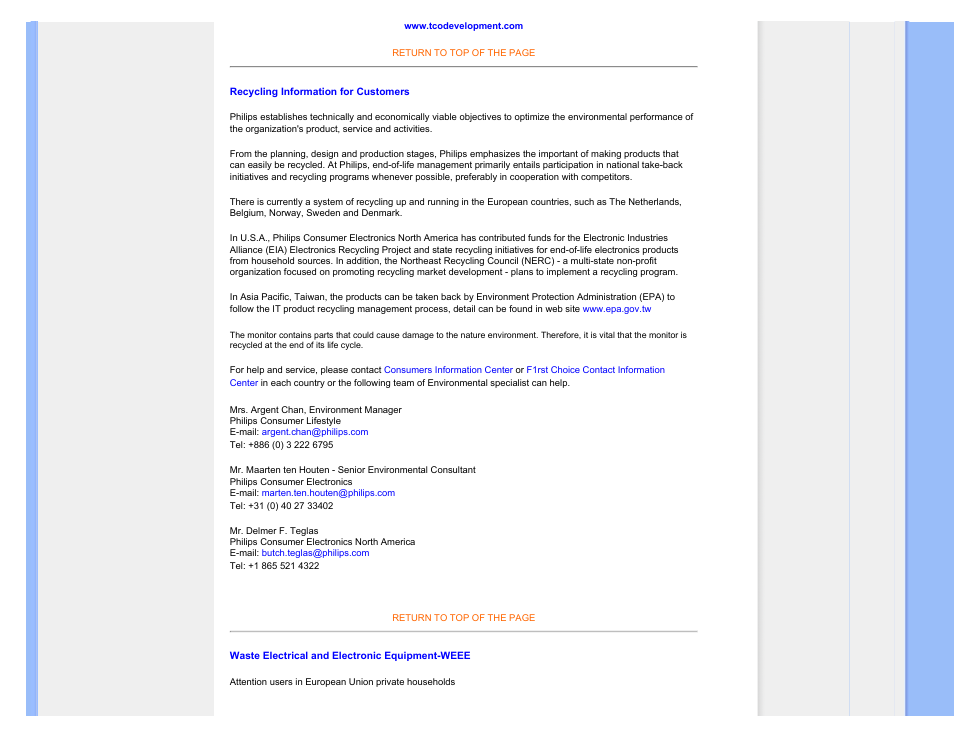 Recycling information for customers, Waste electrical and electronic equipment-weee | Philips 190SW9FB-27 User Manual | Page 16 / 110