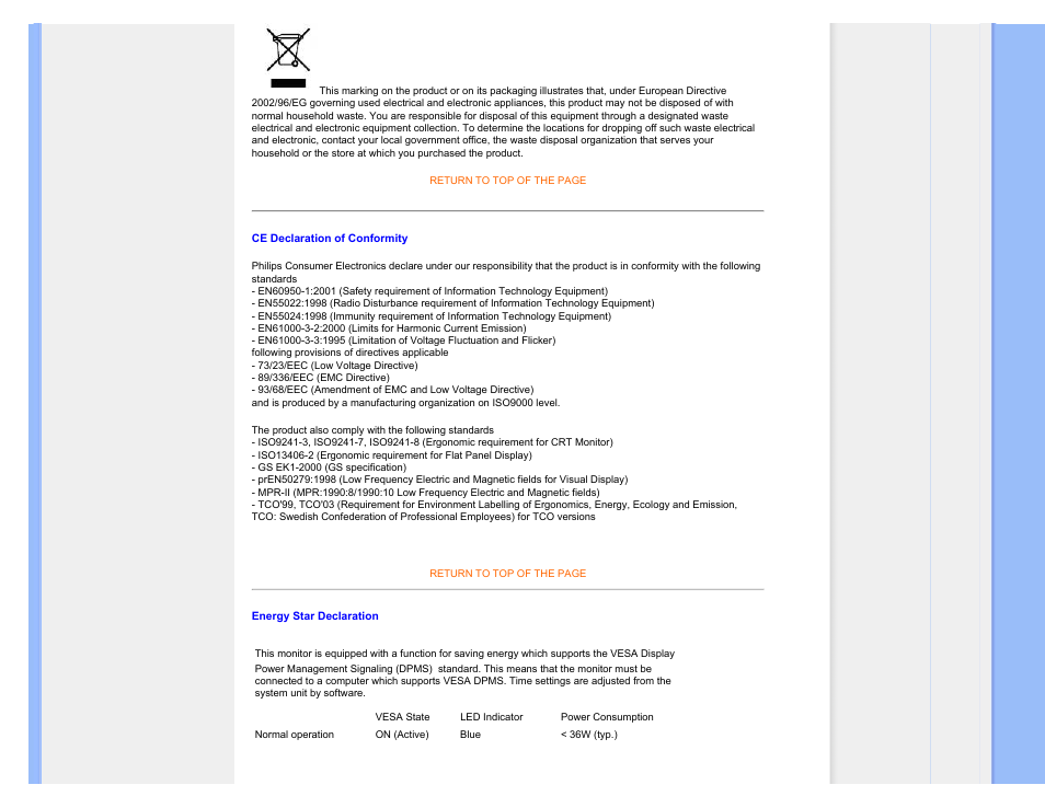 Ce declaration of conformity, Energy star declaration | Philips 190SW9FB-27 User Manual | Page 17 / 110