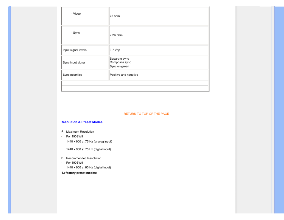 Resolution & preset modes | Philips 190SW9FB-27 User Manual | Page 34 / 110