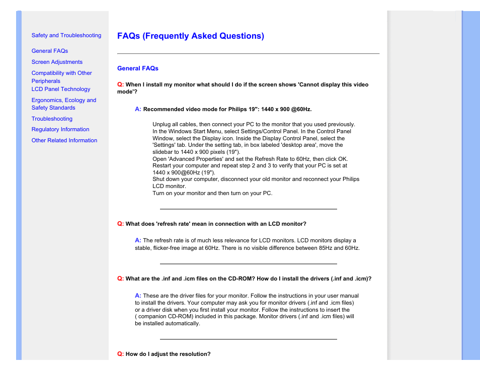 Faqs (frequently asked questions), Faqs | Philips 190SW9FB-27 User Manual | Page 4 / 110