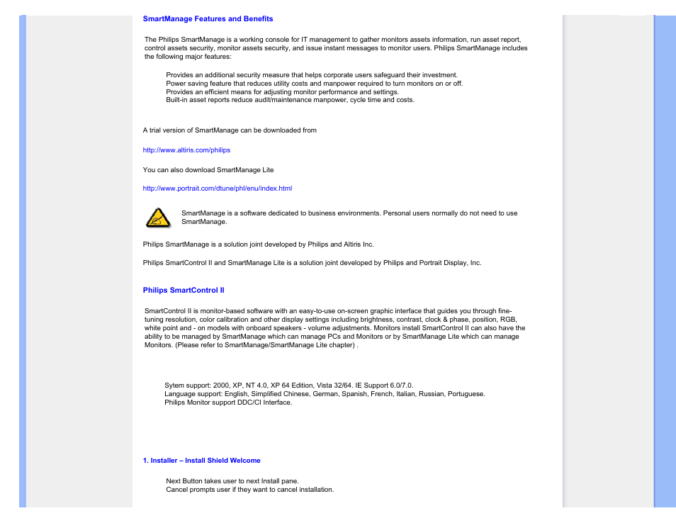 Philips smartcontrol ll, System support and requirement, Installation | Philips 190SW9FB-27 User Manual | Page 44 / 110