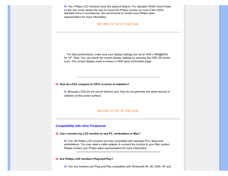 Screen adjustments, Compatibility with other, Peripherals | Philips 190SW9FB-27 User Manual | Page 7 / 110