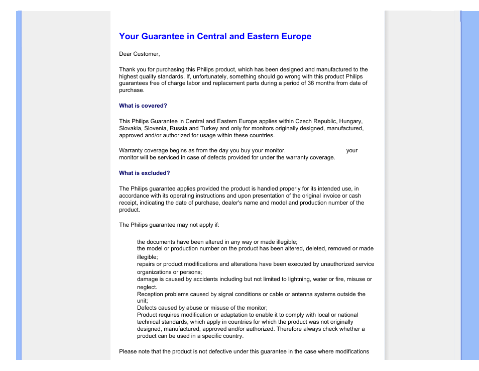 Your guarantee in central and eastern europe, Czech republic, Hungary | Poland, Russia, Slovakia, Slovenia, Turkey | Philips 190SW9FB-27 User Manual | Page 80 / 110