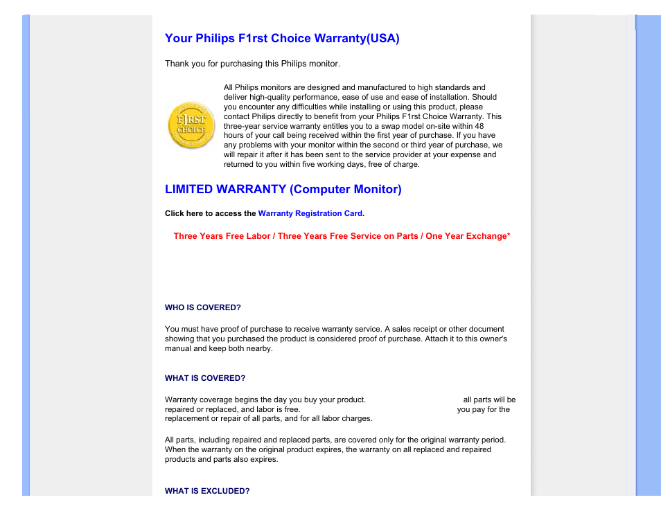 United states guarantee, Canada, Your philips f1rst choice warranty(usa) | Limited warranty (computer monitor) | Philips 190SW9FB-27 User Manual | Page 95 / 110