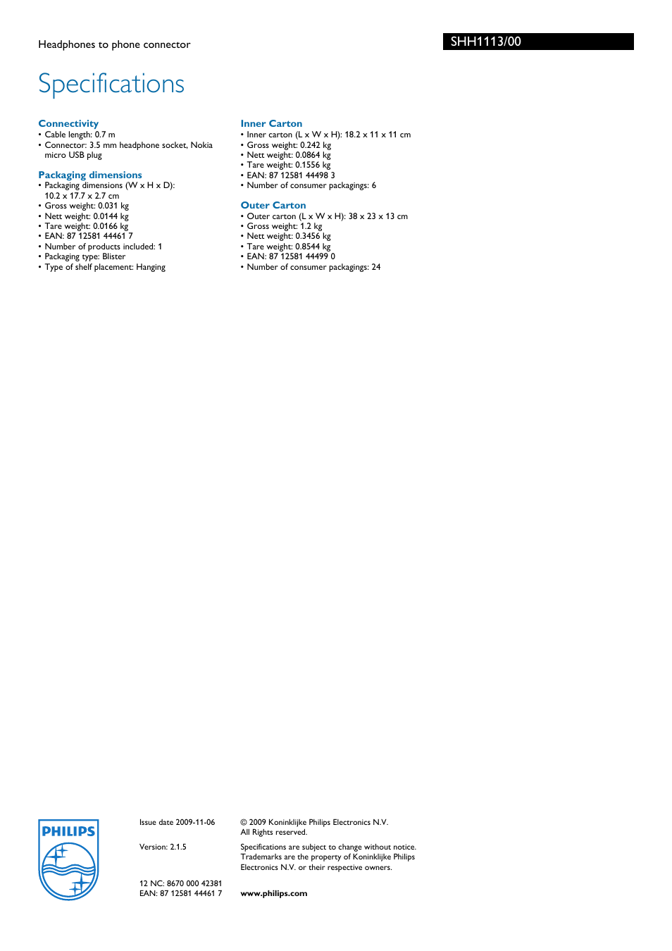 Specifications | Philips SHH1113-00 User Manual | Page 2 / 2