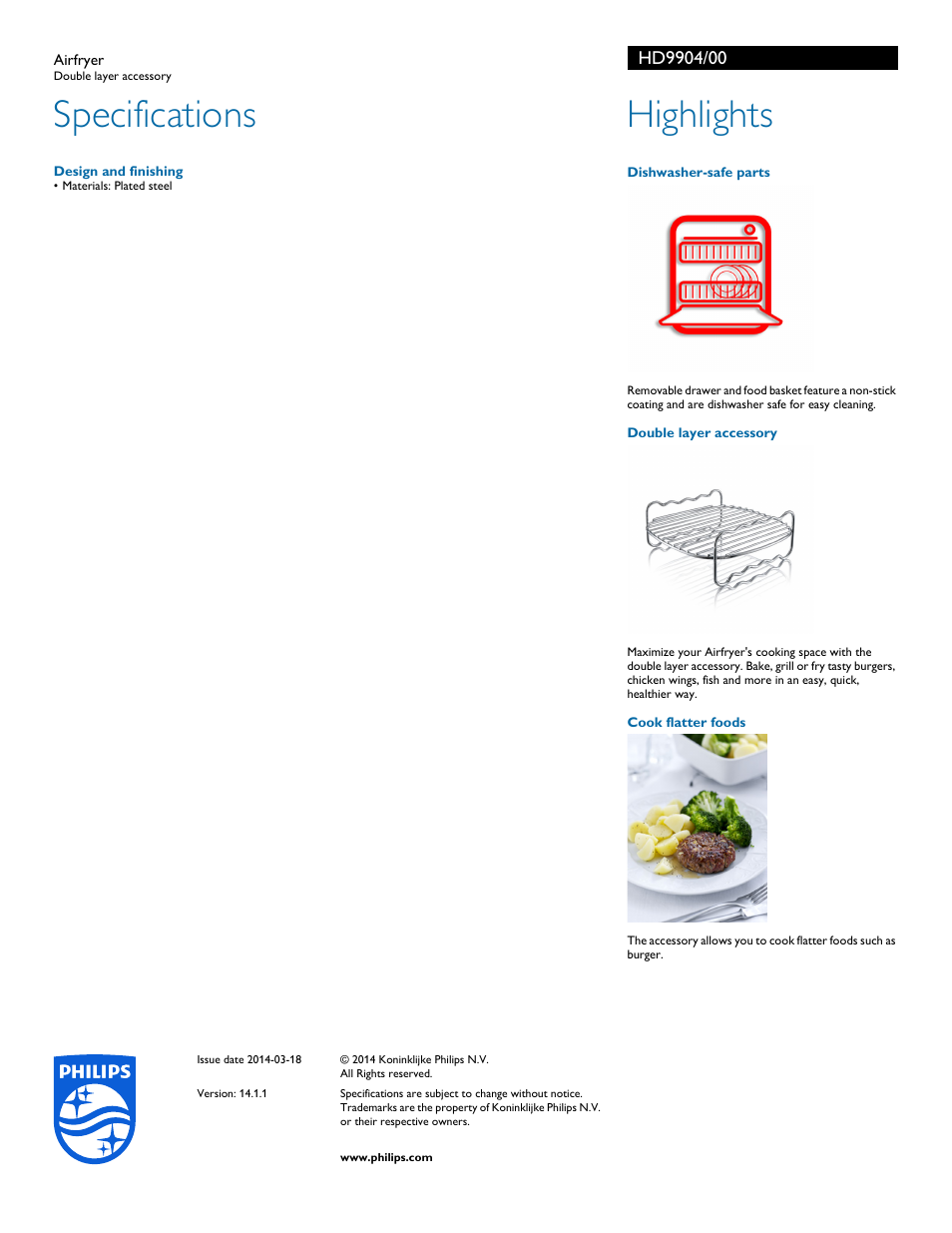 Specifications, Highlights | Philips HD9904-00 User Manual | Page 2 / 2
