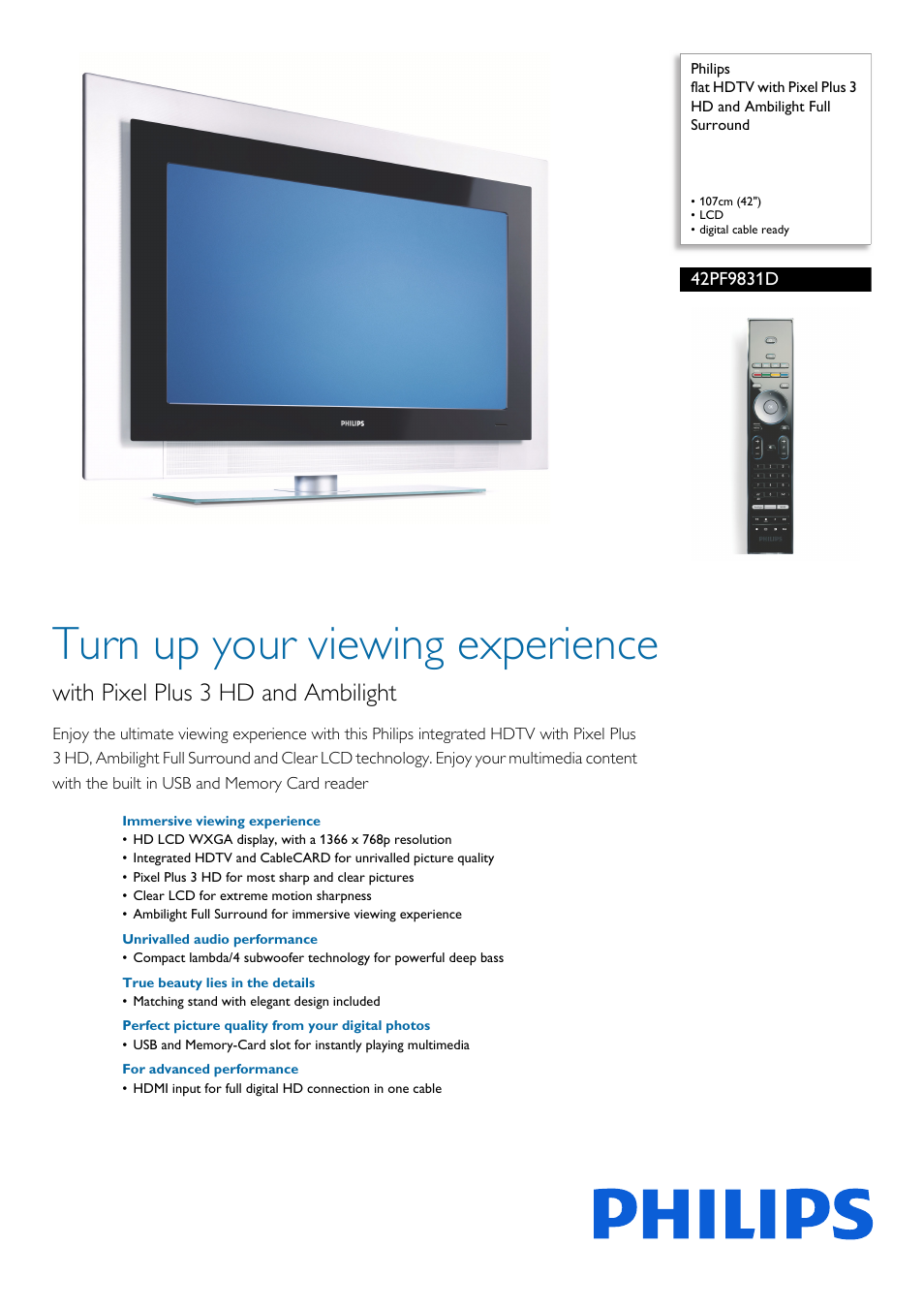 Philips 42PF9831D-37 User Manual | 3 pages