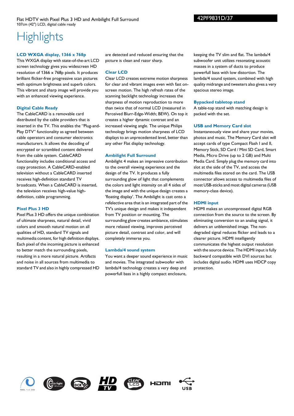 Highlights | Philips 42PF9831D-37 User Manual | Page 2 / 3