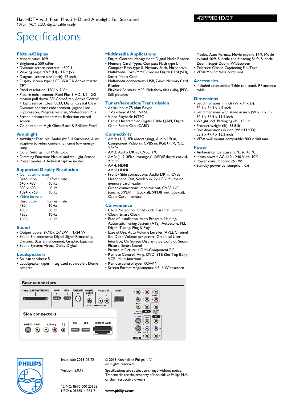 Specifications | Philips 42PF9831D-37 User Manual | Page 3 / 3