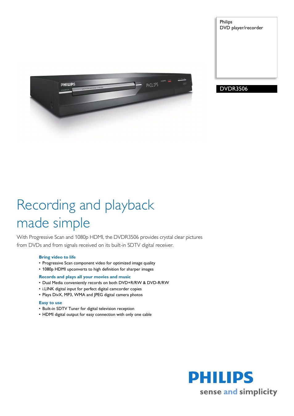 Philips DVDR3506-37B User Manual | 3 pages