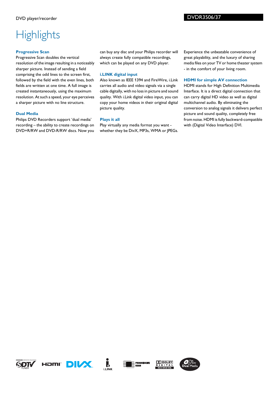 Highlights | Philips DVDR3506-37B User Manual | Page 2 / 3