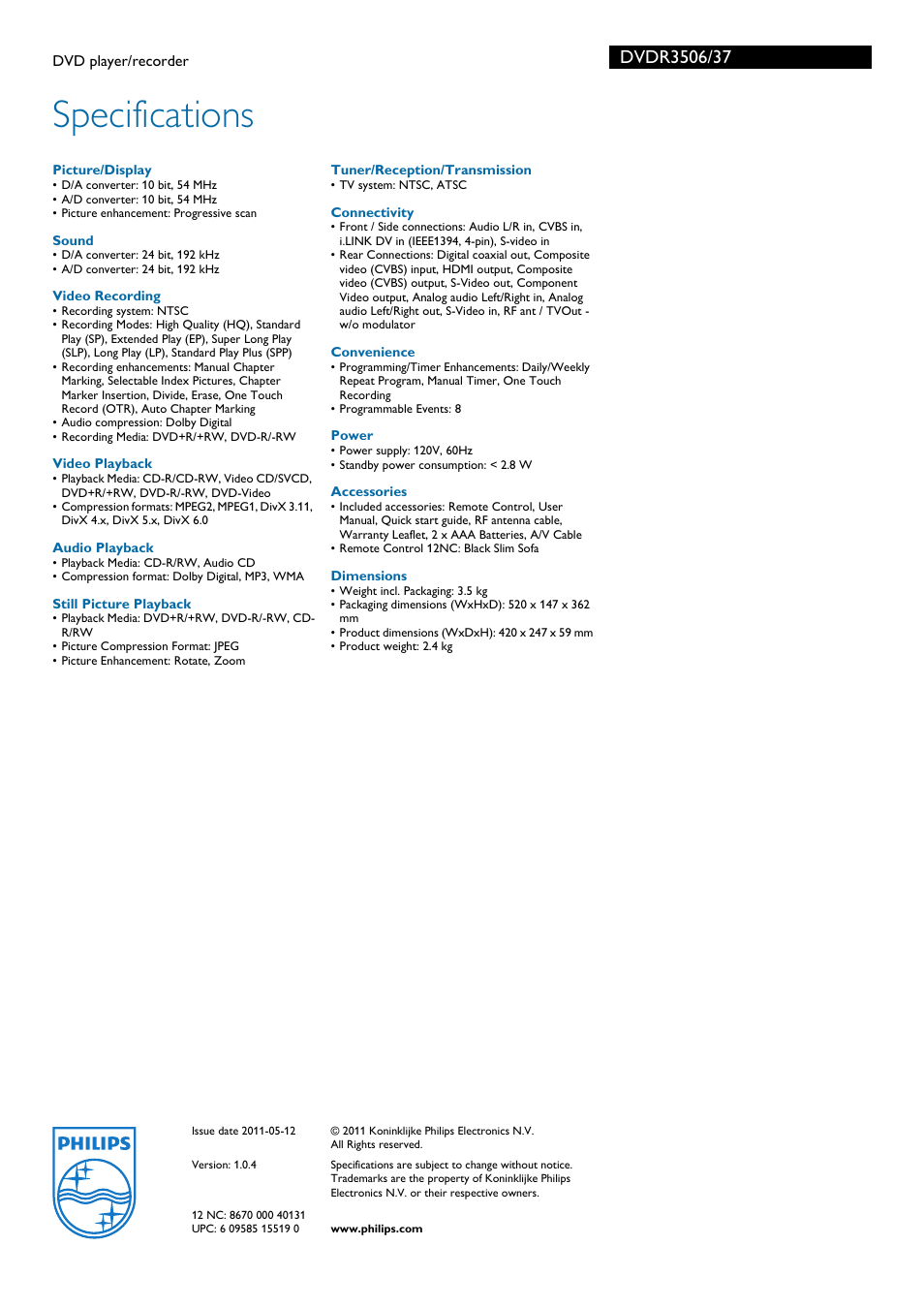 Specifications | Philips DVDR3506-37B User Manual | Page 3 / 3