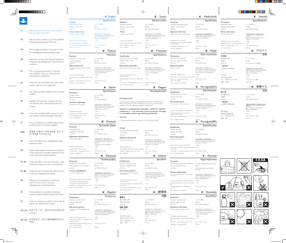 4 x aa, Čeština, Deutsch | English, 繁體中文, Ελληνικά, Slovensky, Русский, Español, Italiano | Philips docking speaker DS3020 for iPod-iPhone Battery-AC powered User Manual | Page 4 / 4