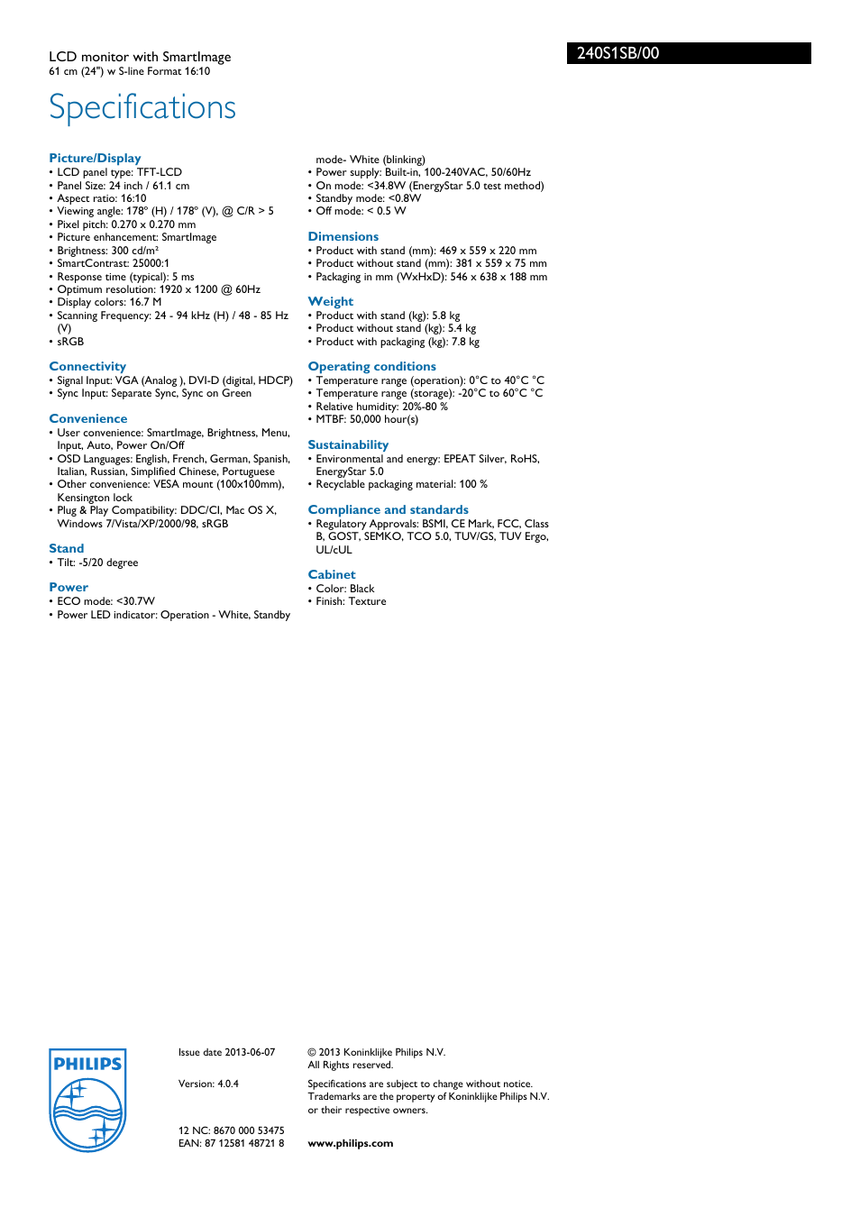 Specifications | Philips 240S1SB-00 User Manual | Page 3 / 3