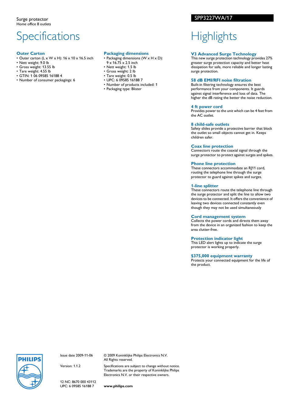 Specifications, Highlights | Philips SPP3227WA-17 User Manual | Page 2 / 2