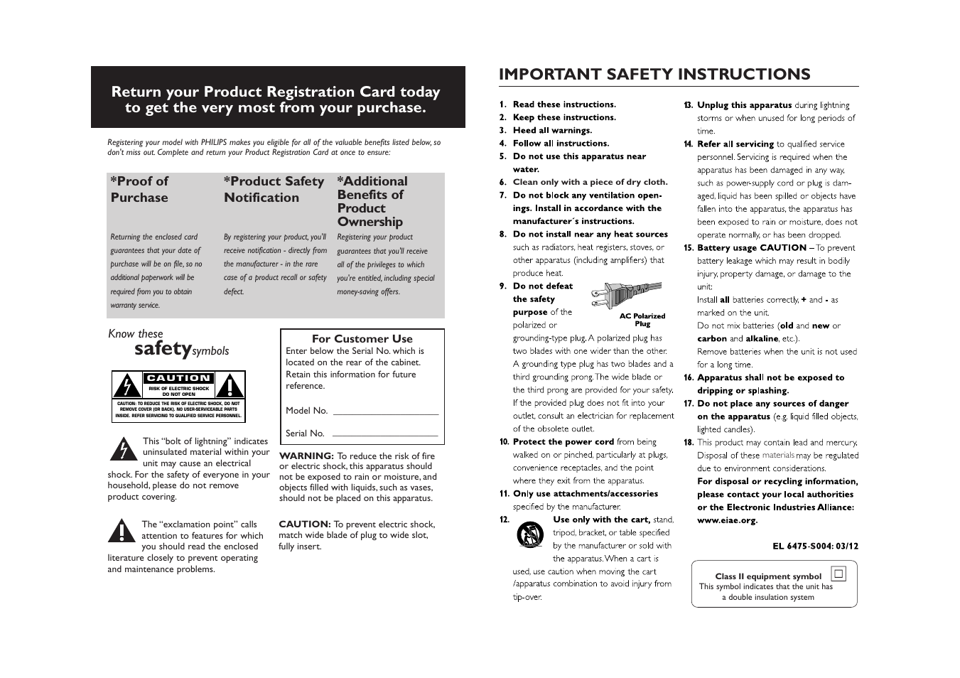 Safety, Important safety instructions, Proof of purchase | Product safety notification, Additional benefits of product ownership | Philips AZ1316-37 User Manual | Page 2 / 7