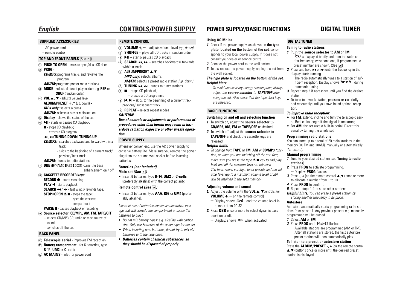 English controls/power supply, Digital tuner, Power supply/basic functions | Philips AZ1316-37 User Manual | Page 4 / 7