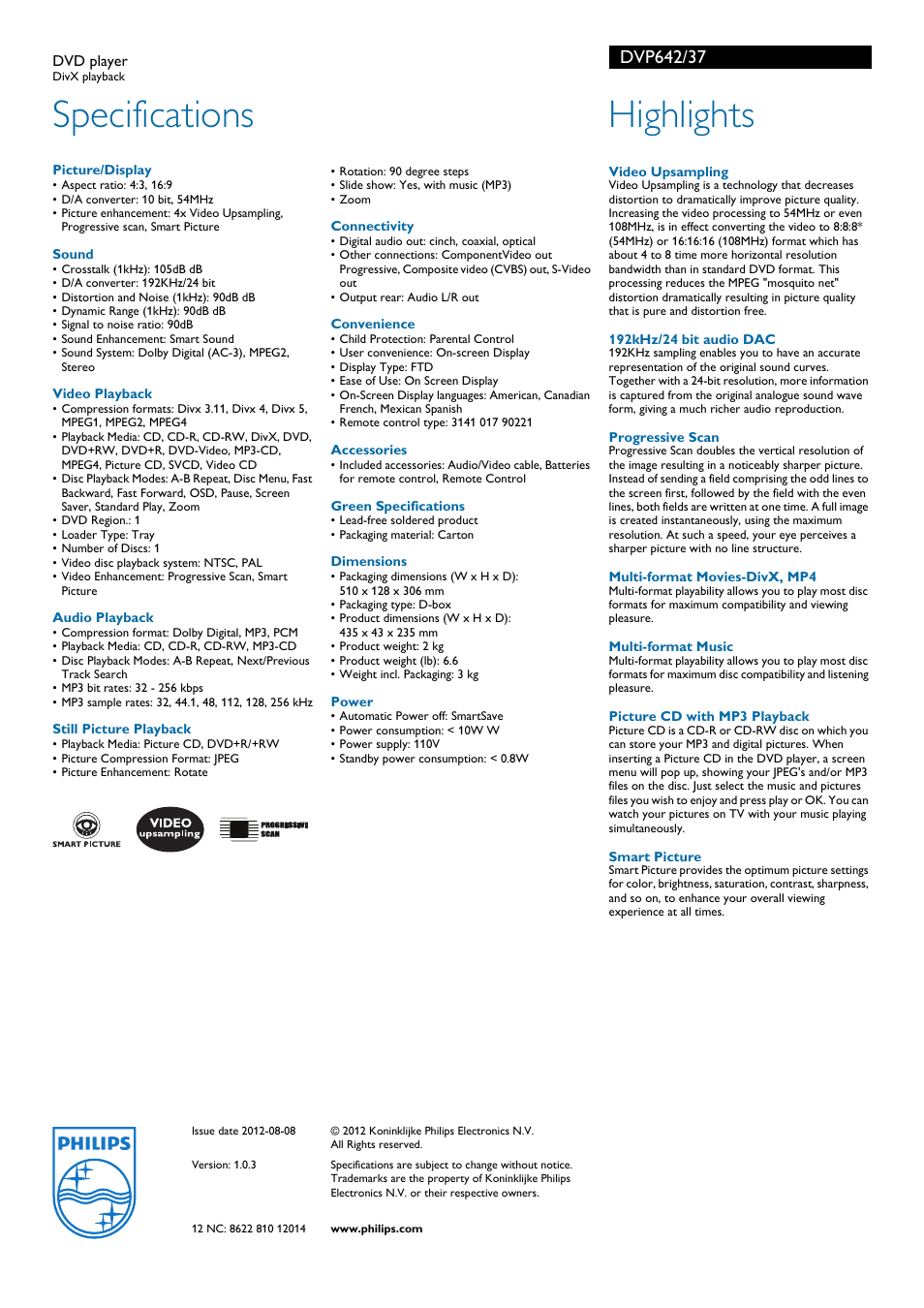 Specifications, Highlights | Philips DVP642-37 User Manual | Page 2 / 2