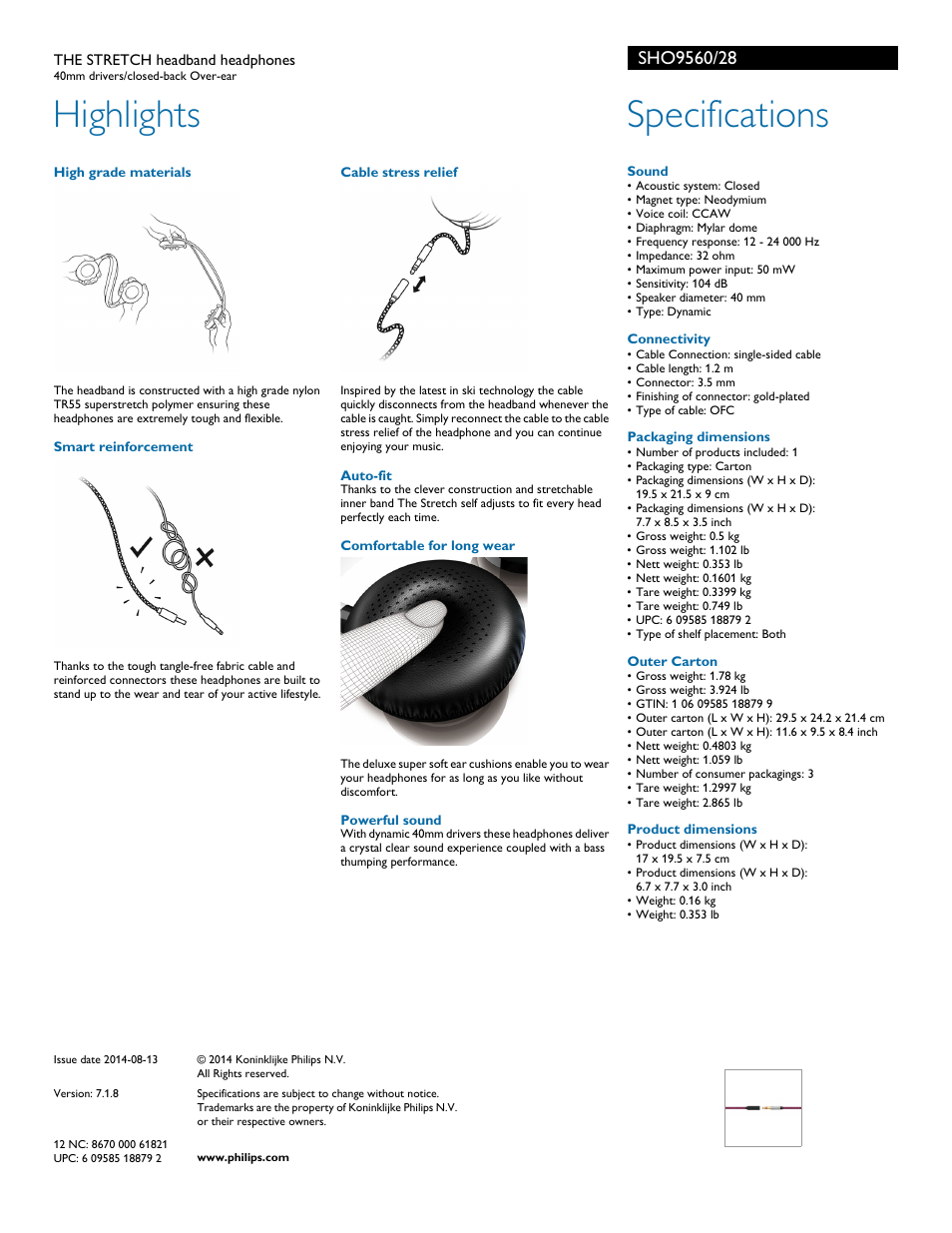 Highlights, Specifications | Philips SHO9560-28 User Manual | Page 2 / 2