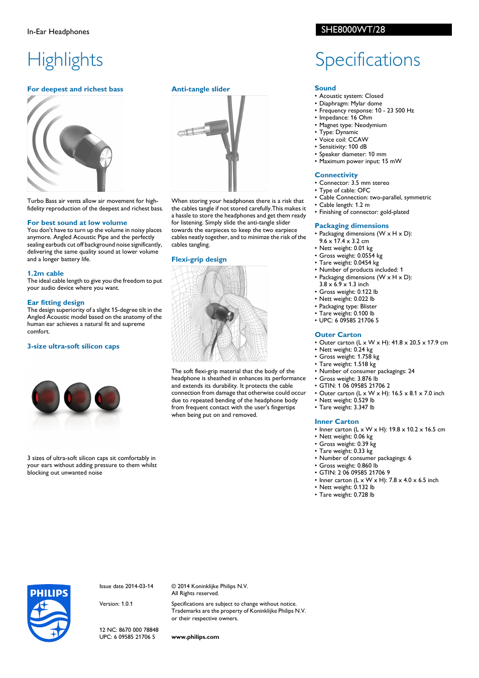 Highlights, Specifications | Philips SHE8000WT-28 User Manual | Page 2 / 2