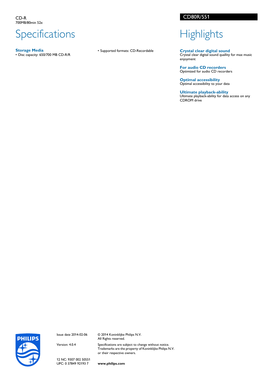 Specifications, Highlights | Philips CD80R-551 User Manual | Page 2 / 2