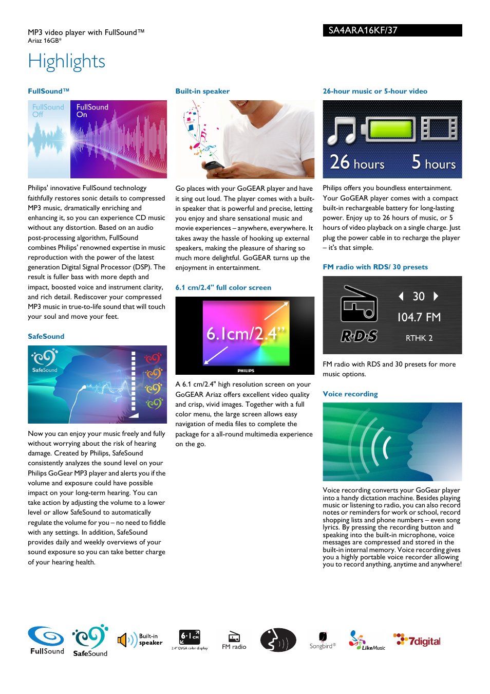 Highlights | Philips SA4ARA16KF-37 User Manual | Page 2 / 3