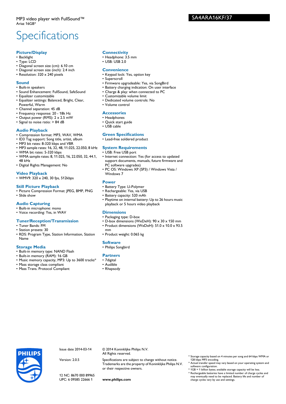 Specifications | Philips SA4ARA16KF-37 User Manual | Page 3 / 3