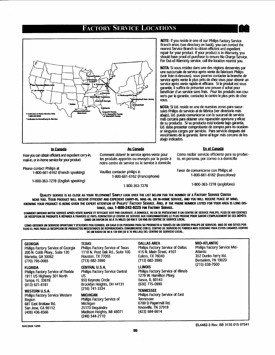 Factory service locations, Factoiy service locations, Actory | Ervice, Ocations | Philips 27PT91S User Manual | Page 61 / 62