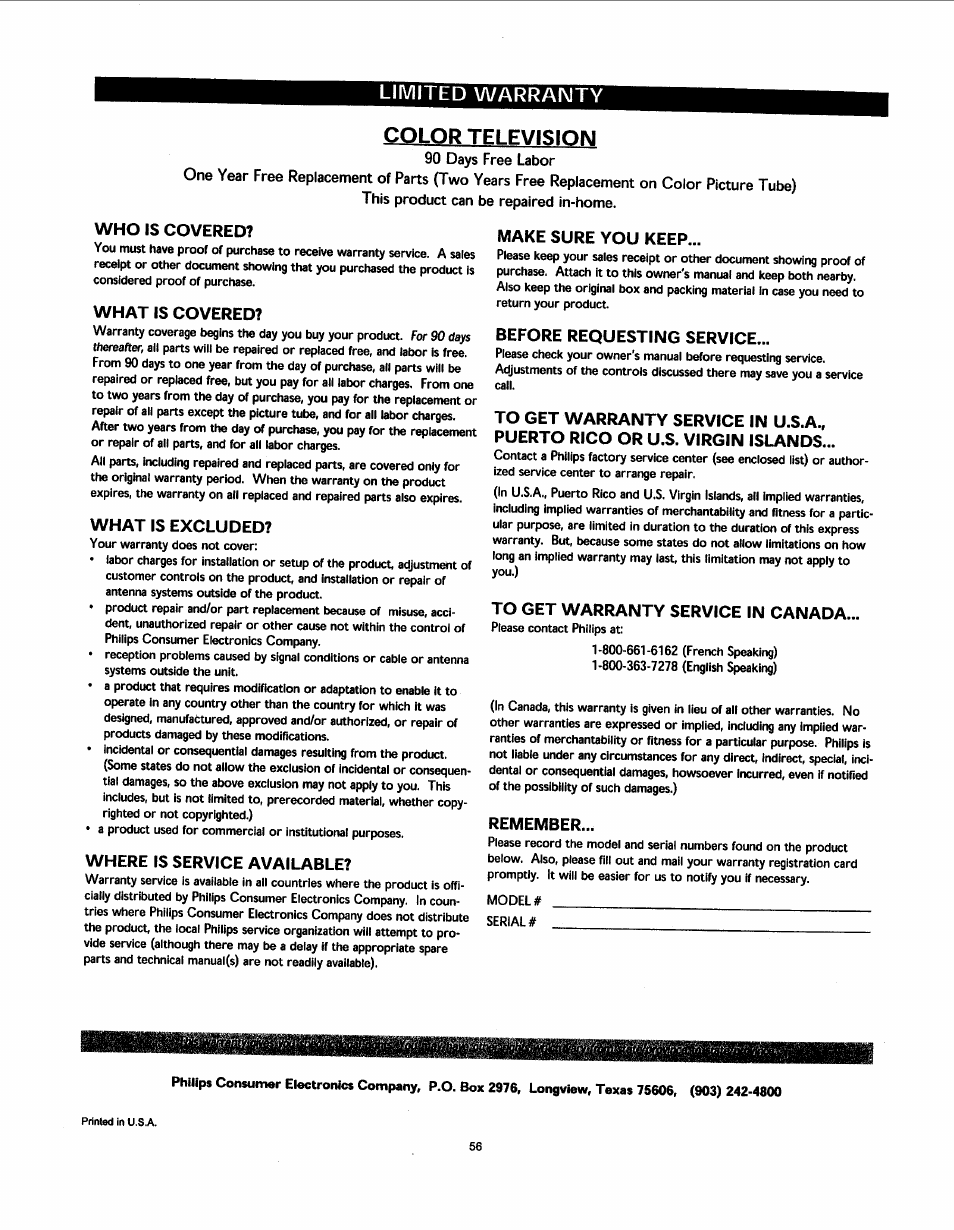Limited warranty, Color television, Who is covered | What is covered, What is excluded, Where is service available, Make sure you keep, Before requesting service, Remember | Philips 27PT91S User Manual | Page 62 / 62