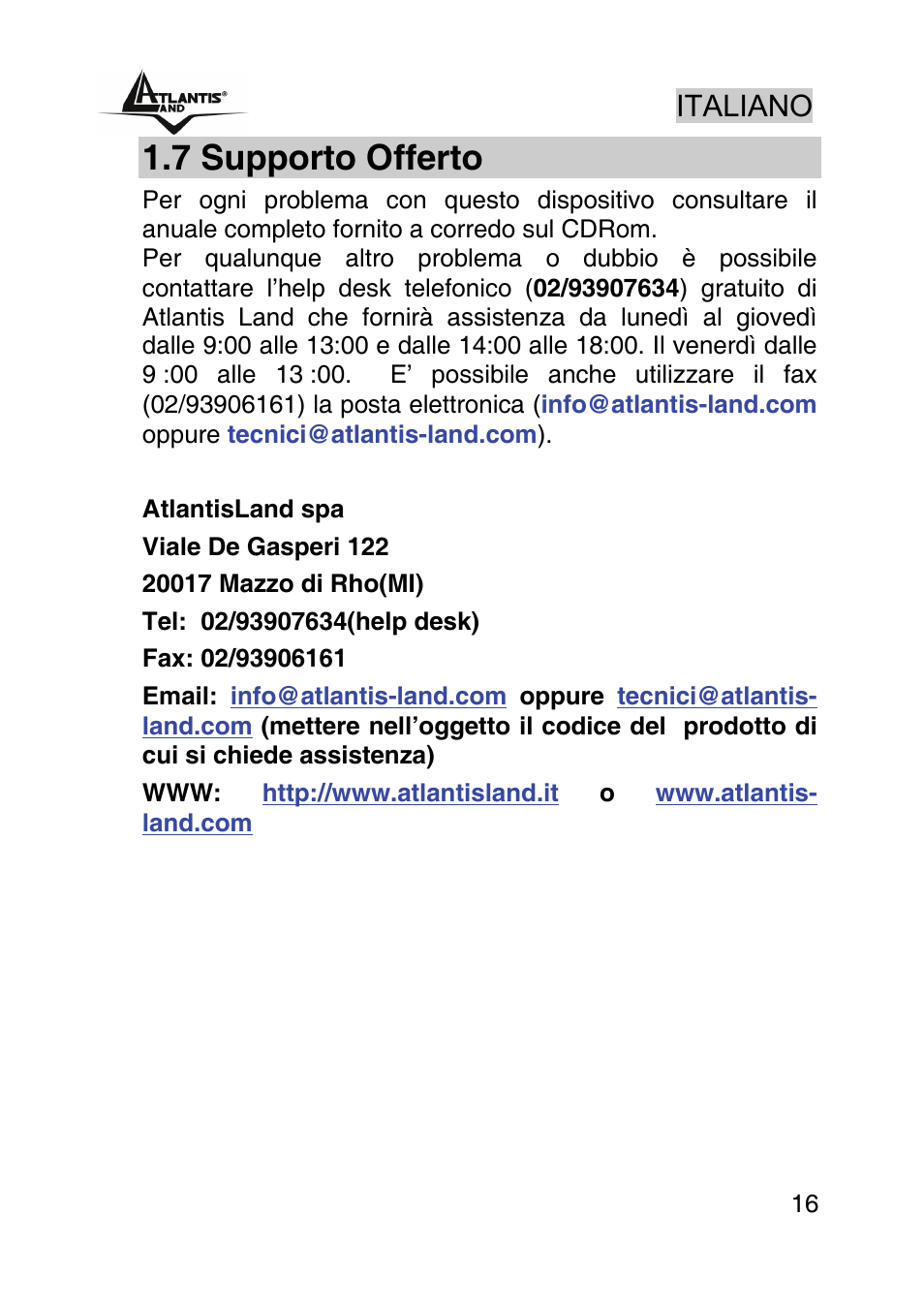 7 supporto offerto, Italiano | Atlantis Land NETSERVER A02-PSU_GX02 User Manual | Page 15 / 36
