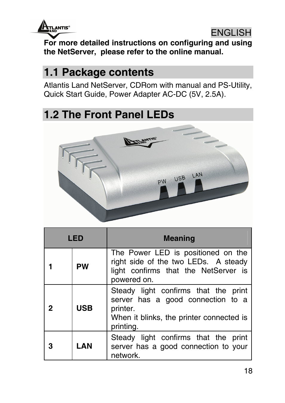 1 package contents, 2 the front panel leds, English | Atlantis Land NETSERVER A02-PSU_GX02 User Manual | Page 17 / 36