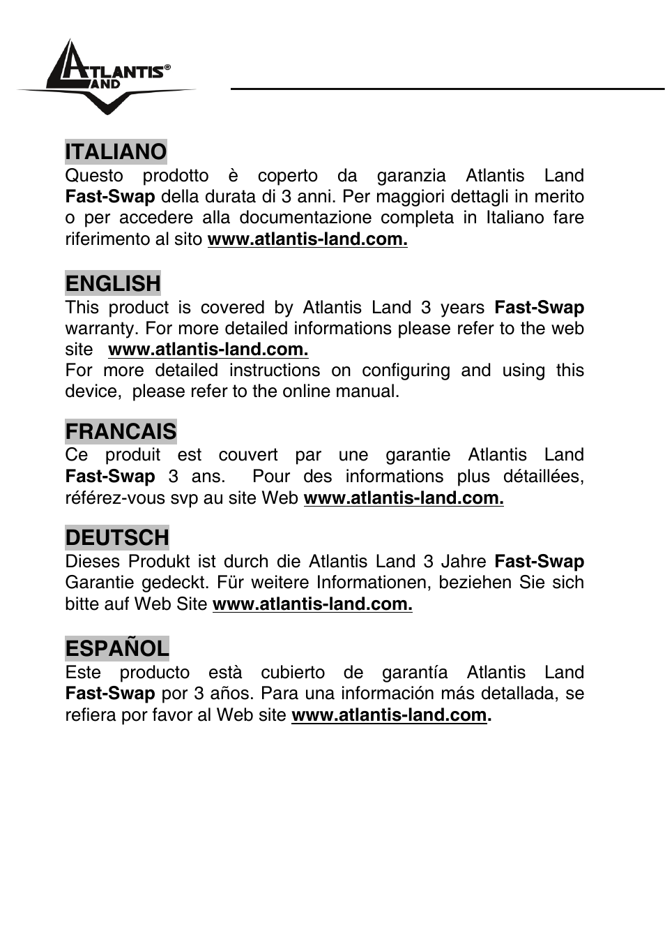 Italiano, English, Francais | Deutsch, Español | Atlantis Land NETSERVER A02-PSU_GX02 User Manual | Page 2 / 36