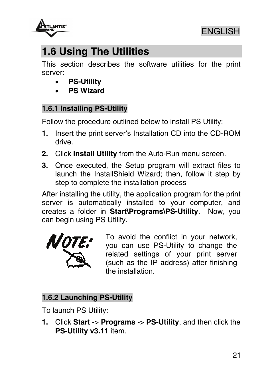 6 using the utilities, English | Atlantis Land NETSERVER A02-PSU_GX02 User Manual | Page 20 / 36