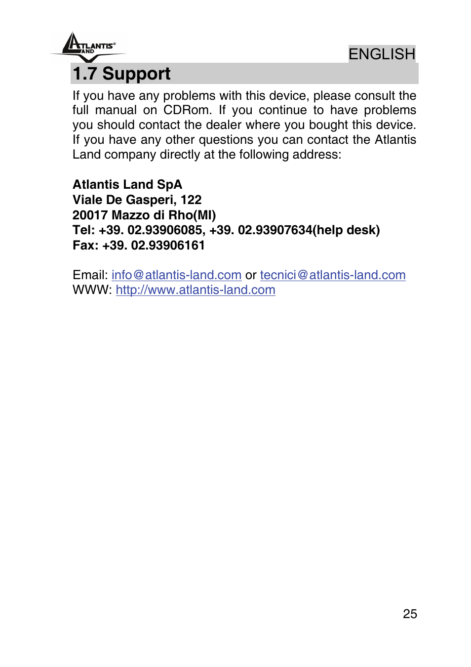7 support, English | Atlantis Land NETSERVER A02-PSU_GX02 User Manual | Page 24 / 36