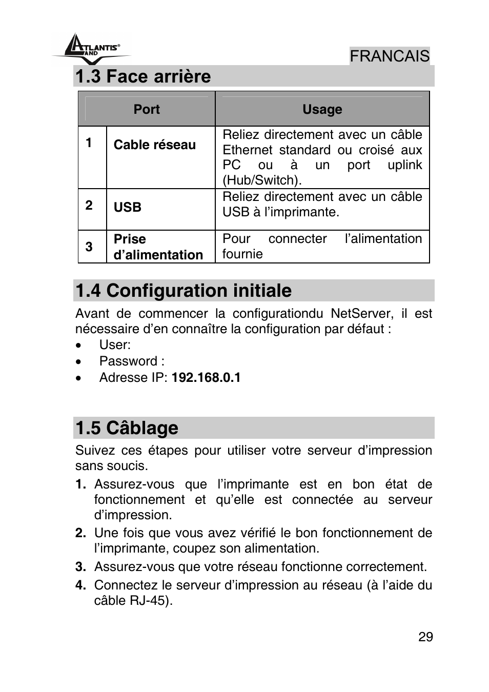 3 face arrière, 4 configuration initiale, 5 câblage | Francais | Atlantis Land NETSERVER A02-PSU_GX02 User Manual | Page 28 / 36