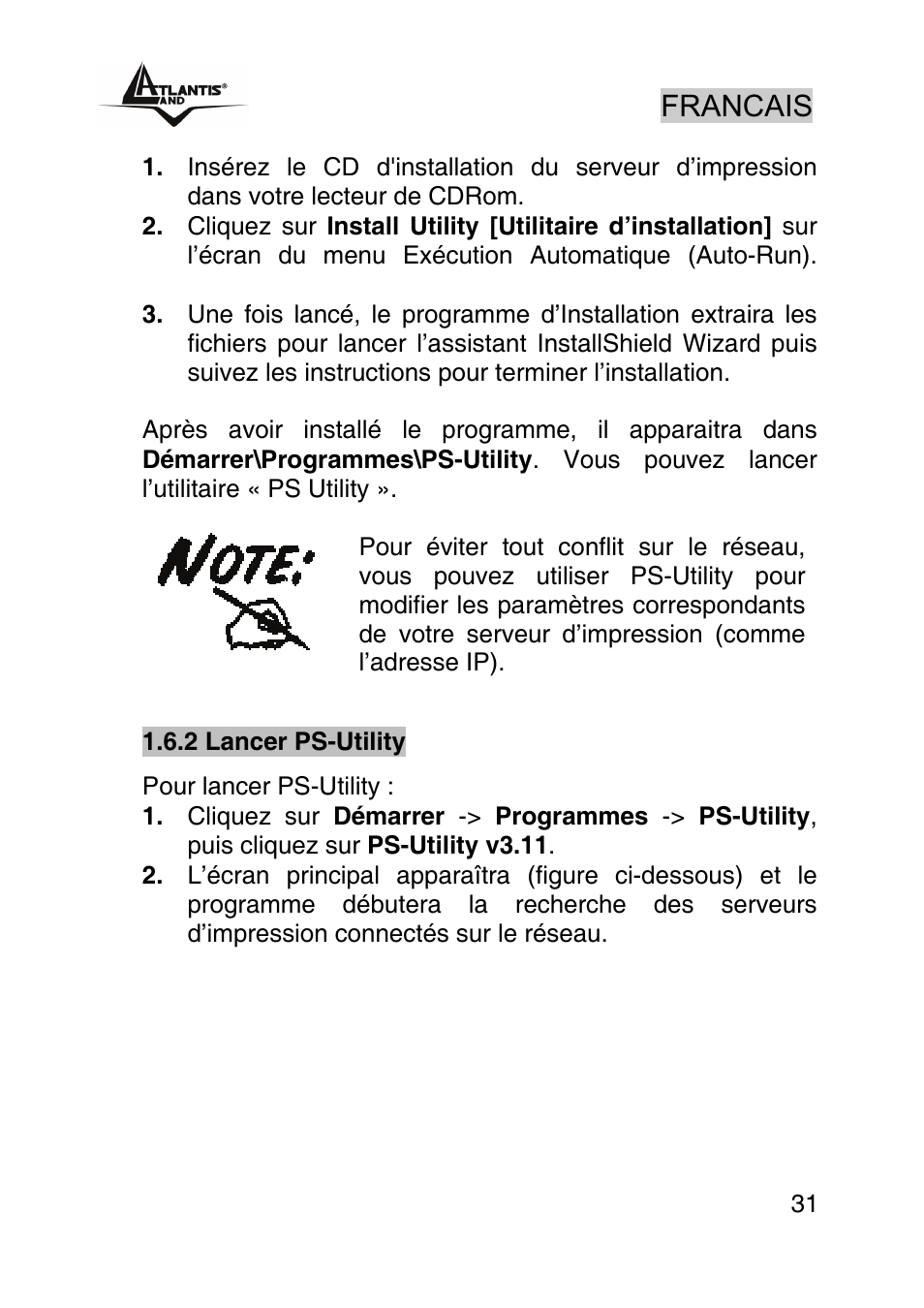 Francais | Atlantis Land NETSERVER A02-PSU_GX02 User Manual | Page 30 / 36